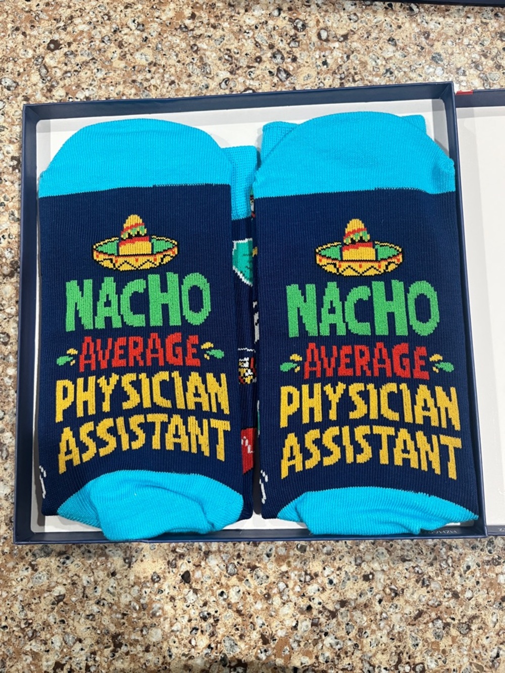 Novelty 'Nacho Average Physician Assistant' Navy & Aqua Socks with gift box